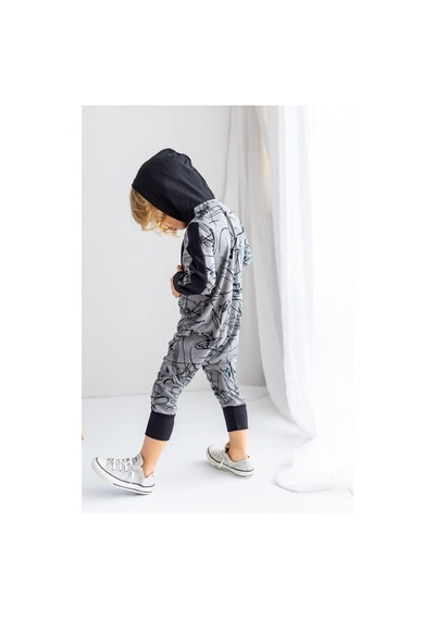Oliven The Kid Oliventhekid Siyah Gri Ince Triko Geometrik Desenli Kapişonlu Önden Düğmeli Kışlık Unisex Çocuk Tulum Bej Bej