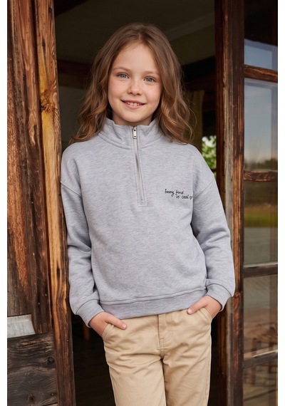 Fullamoda 3 İplik Yarım Fermuarlı Dik Yaka Kız Çocuk Sweatshirt Gri