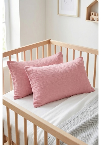 Çift Katlı Müslin Çocuk Yastık Kılıfı %100 Pamuk 35x45 cm 2’li Bebek Çocuk Kılıf Seti Gül Kurusu