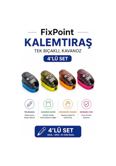 Kalemtraş 4 Adet Hazneli Tek Bıçaklı Fixpoint P-6041 Standart Kalem Açacağı Plastik Kalemtıraş Kalem Traş