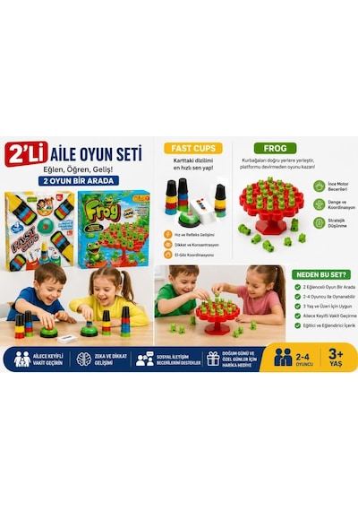 Aile Eğlence Paketi 2'li Oyun Seti Süper Bardaklar Hızlı Bardak Dizme Oyunu Ve Frog Kurbağa Denge Oyunu Çocuk Ve Aile Aktivite Oyunu Seti
