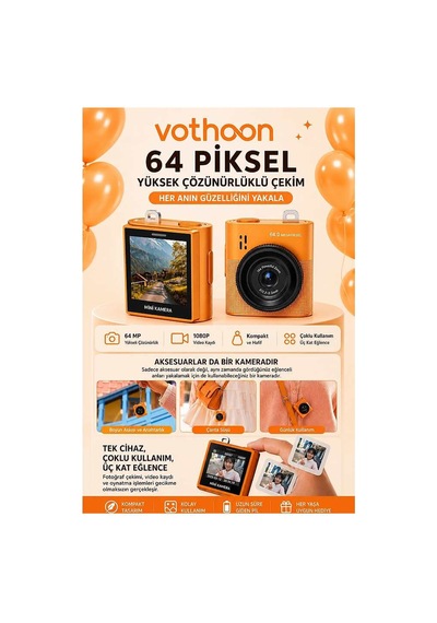 Mini Dijital Kamera 64mp 16x Digital Zoom Retro Vintage 1.4 Ekranlı Video Kamera Taşınabilir Tasarı Turuncu