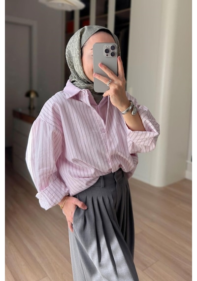 Kahijab Önü Katlı Çizgili Gömlek - Pembe