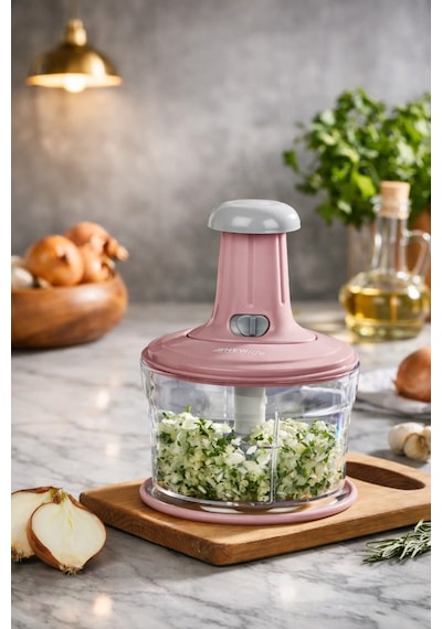 Büyük Paslanmaz Çelik Bıçaklı Karışık Renk Üsten Basmalı El Rondosu Blender Soğan Sebze Doğrayıcı Bej Bej