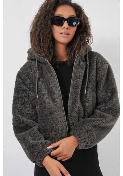 Bigdart 5193 Kapüşonlu Peluş Crop Ceket - Antrasit