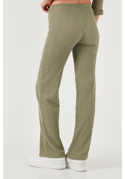 Lela Slim Fit Yüksek Bel Geniş Paça Dokulu Bayan Pantolon 5865944 Olive