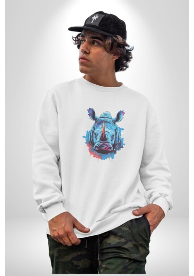 Su Aygırı Hipopotamo Renkli Unisex Beyaz Baskılı Sweatshirt Beyaz