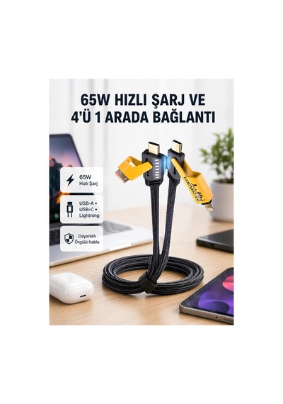 Usb-a 4 Ü 1 Arada Örgülü Kablo Metal Uç Dayanıklı