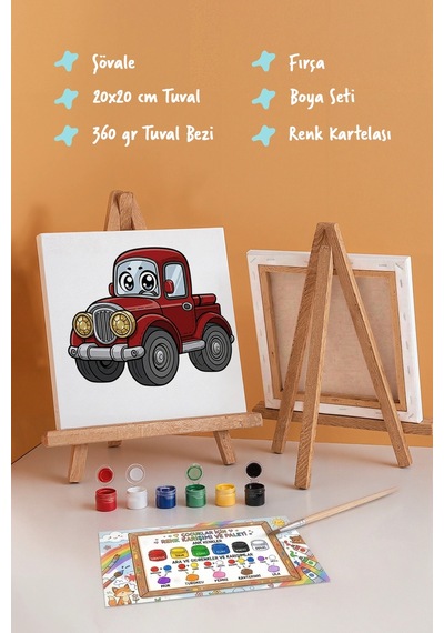 Sevimli Kırmızı Kamyon Boyama Tuvali Şövaleli Boya Seti 20x20