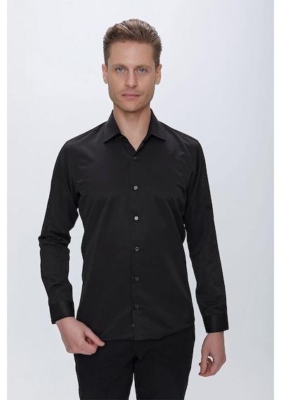Efor Slim Fit Pamuk Saten Klasik Siyah Gömlek Gk 624 Siyah