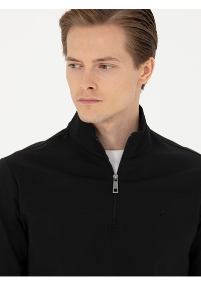 Siyah Regular Fit Yarım Fermuarlı Cepli Sweatshirt