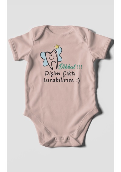 Dikkat Dişim Çıktı Isırabilirim Baskılı Bebek Zıbını Çıtçıtlı Body %100 Pamuk Kısa Kol Pastel Pembe