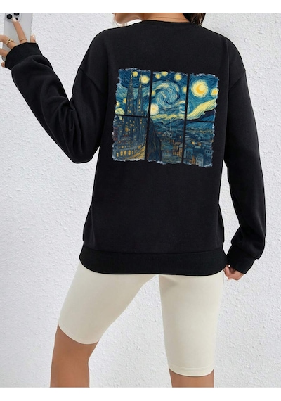 Uyguntarz Unisex Vangogh Baskılı Tasarım Oversize Sweatshirt siyah