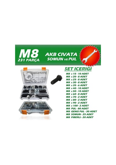 231 Parça M8 Akb Civata Seti + 10-13 Açık Ağızlı Anahtar
