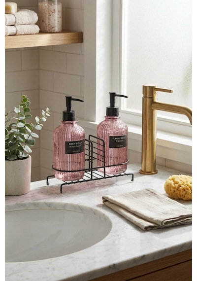 Makri Home Modern Çizgili Yuvarlak Cam Ikili Sıvı Sabunluk & Deterjanlık Seti, Pembe- 500 Ml Cam Sabunluk
