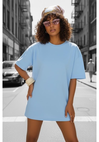Mily Kadın Oversize Basic Bisiklet Yaka Pamuklu T-shirt Rahat Kesim Unisex Sevgili Kombini Turkuaz