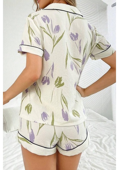 Bella Notte Çiçek Baskılı Şortlu Pijama Takımı Beyaz