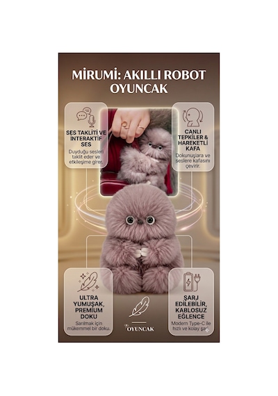 Mirumi Akıllı Peluş Robot Oyuncak - Ses Algılayan Dokunmaya Duyarlı Çantaya Tutunan İnteraktif Peluş Gri