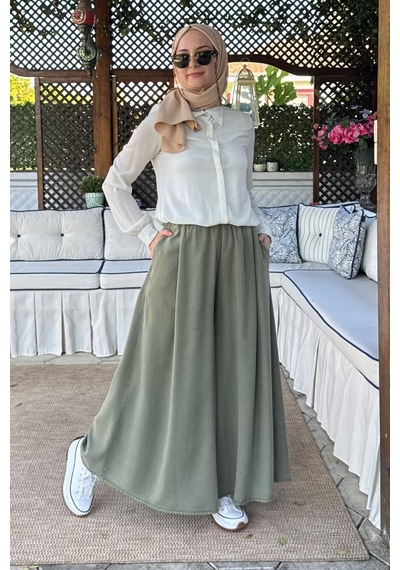 Rabia Şamlı Vera Etekli Pantolon Yeşil Normal