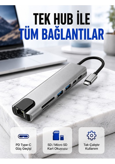 Macbook Ve Type-c Destekli Alüminyum Gövdeli Hdmı Ethernet Adaptör 4k 30 Hz
