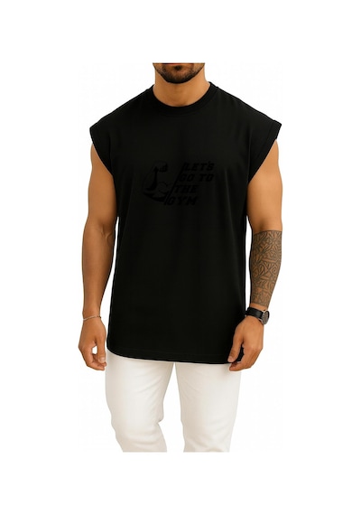 Bahriyeli Collection Oversize Lets Go To The Gym Göğüs Baskılı Atlet Siyah