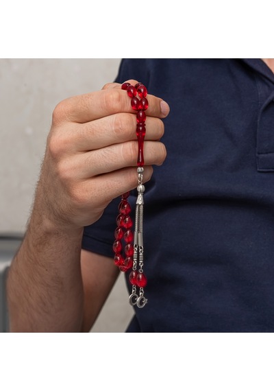 Metal Püsküllü Kırmızı Sıkma Kehribar Tesbih - 15
