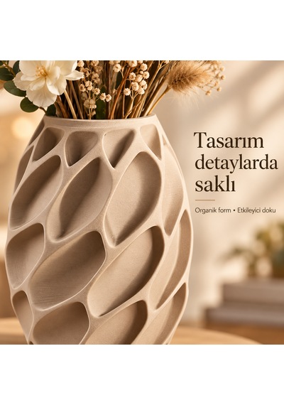 Yaprak Desenli Dekoratif Vazo 20 Cm Kuru Ve Yapay Çiçek Vazosu Bej