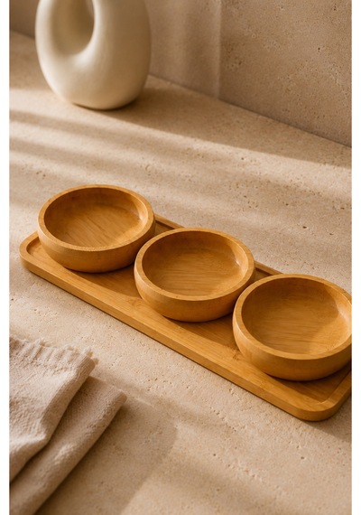 Bambu Tepsili 3'lü Çerezlik & Kahvaltılık Bej - 892099417 Bej
