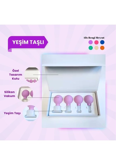 Silikon Vakumlu Yeşim Taşlı Yüz Masaj Kupası 4'lü Set Jade Mor Çok Renkli