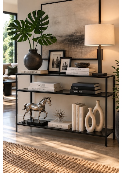 Teknor Siyah Metal Üç Katlı Füme Cam 100cm Dresuar Modern Salon Ve Antre Konsolu