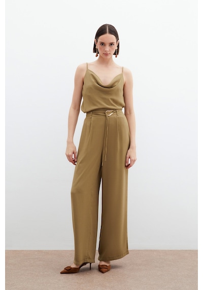 Sateen Kemerli Salaş Pantolon - Haki-136066 Haki