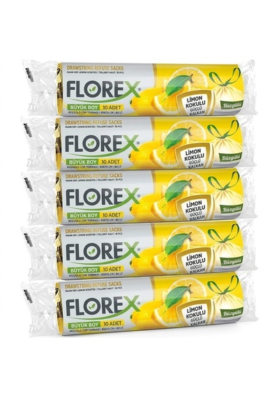Şeylişeyler - Florex Büyük Boy Çöp Torbası Limon Kokulu Büzgülü 65x70 10lu 5 Paket