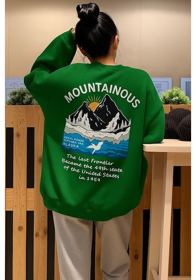 Benroma 3 İplik Penye Mountainous Baskılı Sweatshirt Yeşil
