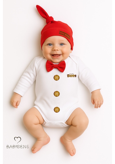 Babyden's Mini Boss Papyonlu Erkek Bebek Zıbın Seti Şapkalı Yenidoğan Bebek Body Takım Kırmızı