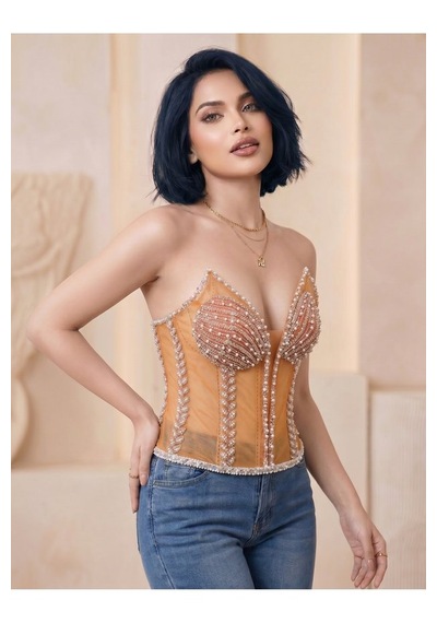 Orvelia Kadın İnci İşlemeli Transparan Couture Korset Büstiyer Turuncu