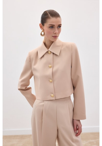 Sateen Düğmeli Kısa Ceket - Bej-136590 Bej