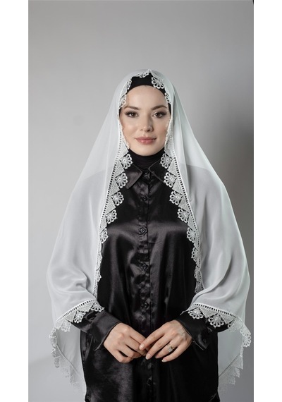 Hürrem Bone Krem Namaz Başörtüsü Şal Şifon Kumaş Güpürlü 202106 40