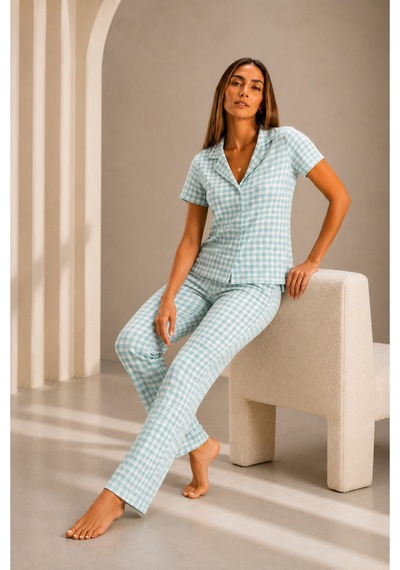 Kadın Kısa Kol Rahat Kalıp Şık Su Yeşili Pijama Takımı