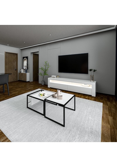 Batı Led Işıklı Tv Sehpası Ve Modern İkili Orta Sehpa Set Beyaz