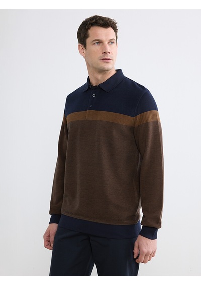Lcwaıkıkı Classic Kahverengi Polo Yaka Renk Bloklu Erkek Sweatshirt