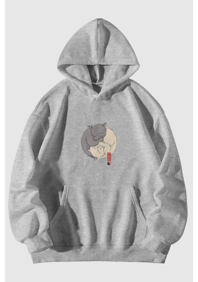Ying Yang Kedi Baskılı Unisex Gri Kanguru Cepli Kapüşonlu Sweatshirt Hoodie Gri