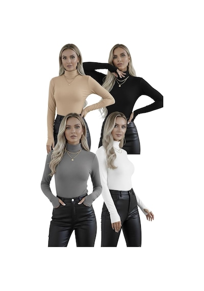 Hashtag Kadın Balıkçı Yaka Parmak Detaylı Body 4'lü Set Viskon Kumaş Siyah Beyaz Gri Bej