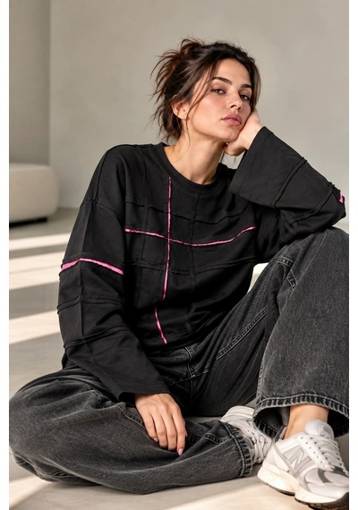 Bb Butik Basic Kontrast Dikiş Detaylı Oversize Uzun Kollu Sweatshirt Fk3535 siyah