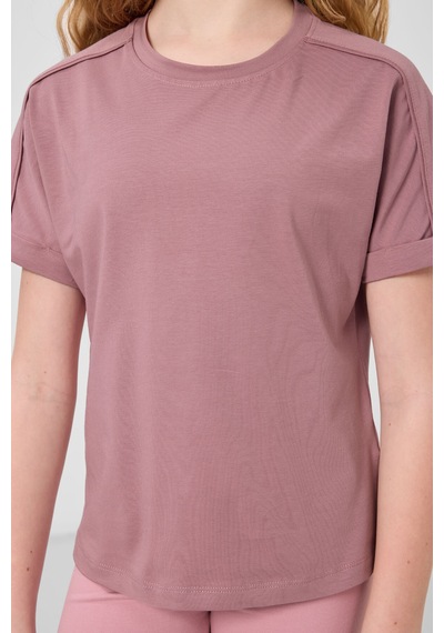 Gül Kurusu Pamuklu O Yaka Oversize Fit Basic Kız Çocuk T-shirt - 75182 Gülkurusu