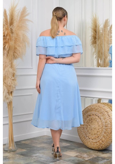 Neşeli Butik Kadın Bebe Mavisi Kuşaklı Büyük Beden Şifon Elbise Nb8061 Mavi