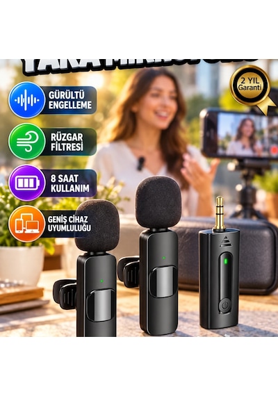 Kablosuz Yaka Mikrofonu Gürültü Engelleme Ve Rüzgar Filtresi 8 Saat Kullanım Mobil Uyumlu