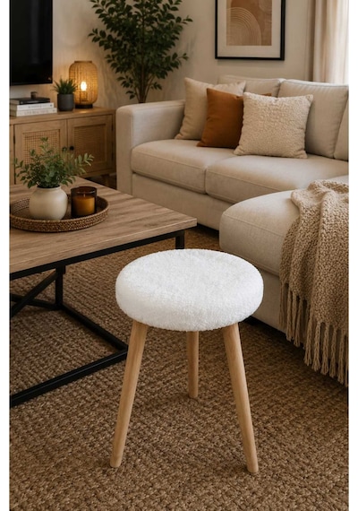 Solo Teddy Kumaş Kaplı Tabure Puf Makyaj Masası Mutfak Balkon Salon Ahşap Ayaklı Tabure Beyaz Beyaz