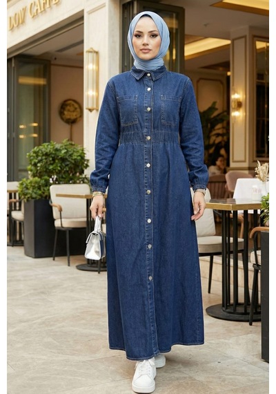 Hb Harma Time Butik Kadın Belden Lastikli Cep Detaylı Koyu Kot Mavi Elbise Koyu Mavi