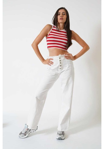 Ckm Moda Adrian Yüksek Kalite Kadın Yuvarlak Yaka Çizgili Crop Bluz Kırmızı