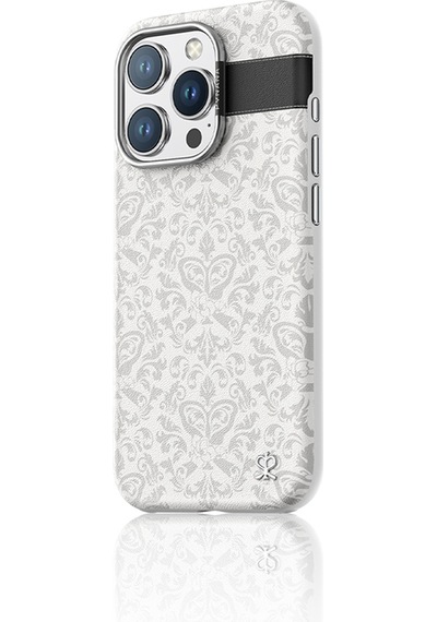 Apple Uyumlu iPhone 16 Pro Kılıf Magsafe Şarj Özellikli Suni Deri Desenli Pynana Print Serisi Kapak Beyaz